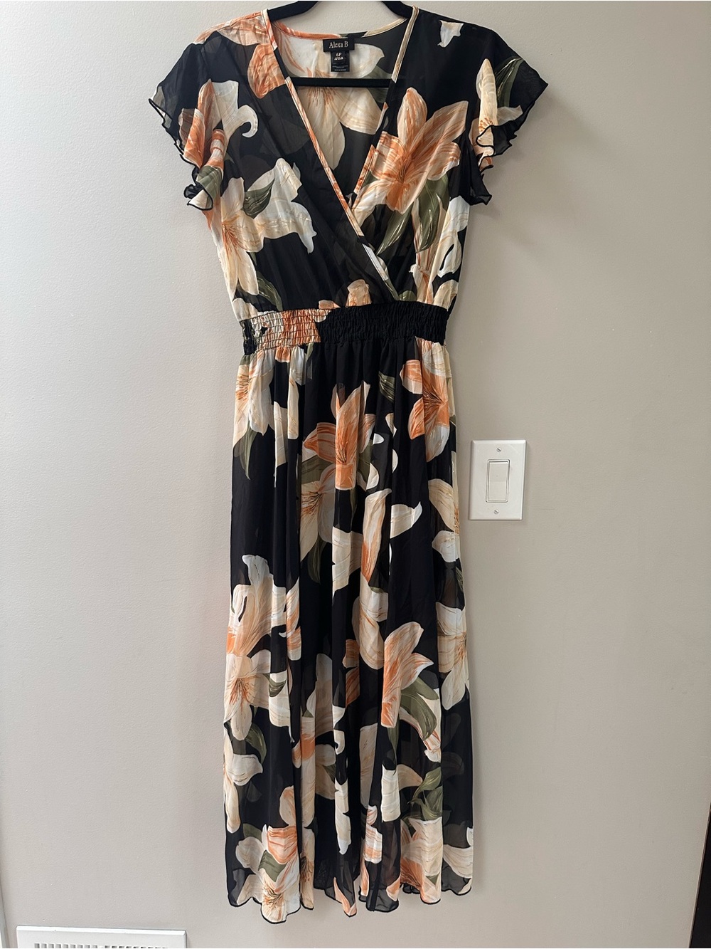 Alexa B Floral Black & Peach V-Neck Midi Dress